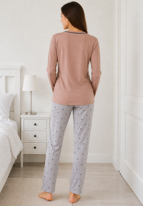 Pijama de damă cu bluză cu maneca lunga și pantaloni lung -Crem ,Engros